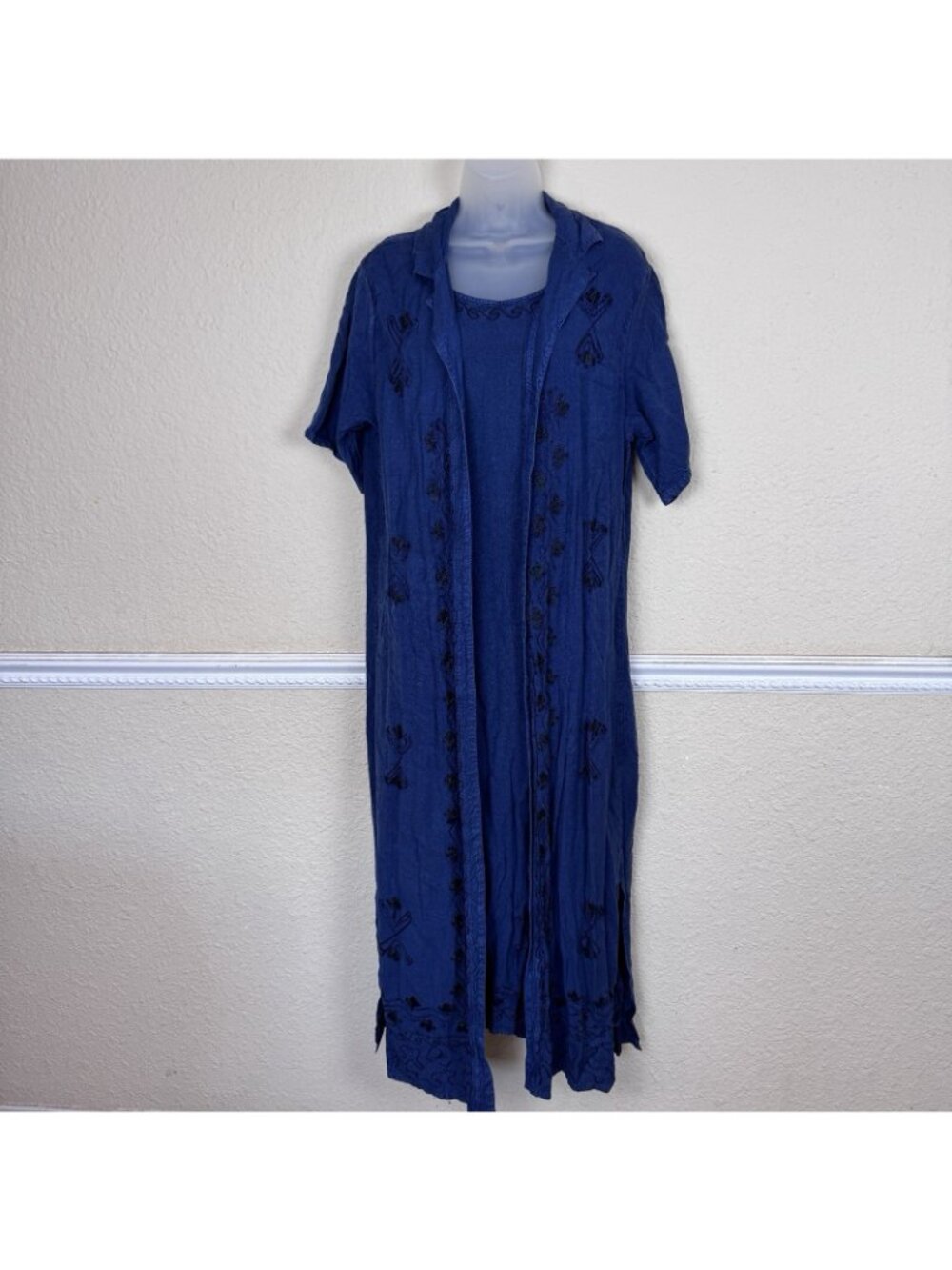 MPH Collection VTG  2 Piece Boho L  Maxi Dress Embroidered Hippie Blue Overcoat - Picture 2 of 12